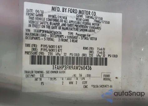 2010 Ford Focus Se из США, поврежденный, VIN 1FAHP3FN9AW260436